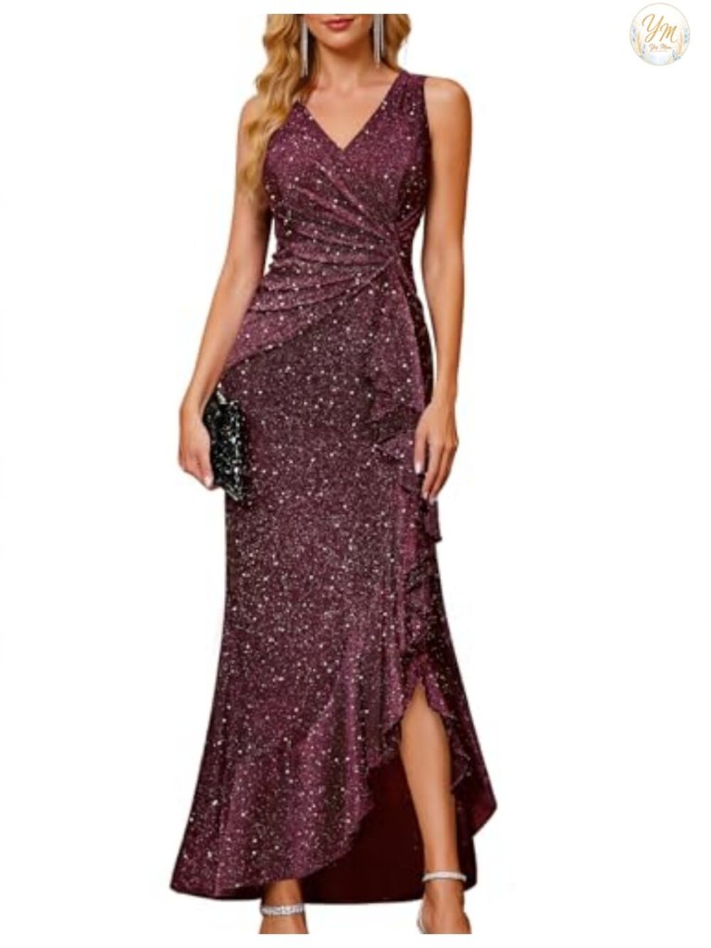 Sequin Formal Midi Dress Ruffle Open Back Cocktail Wedding Gown